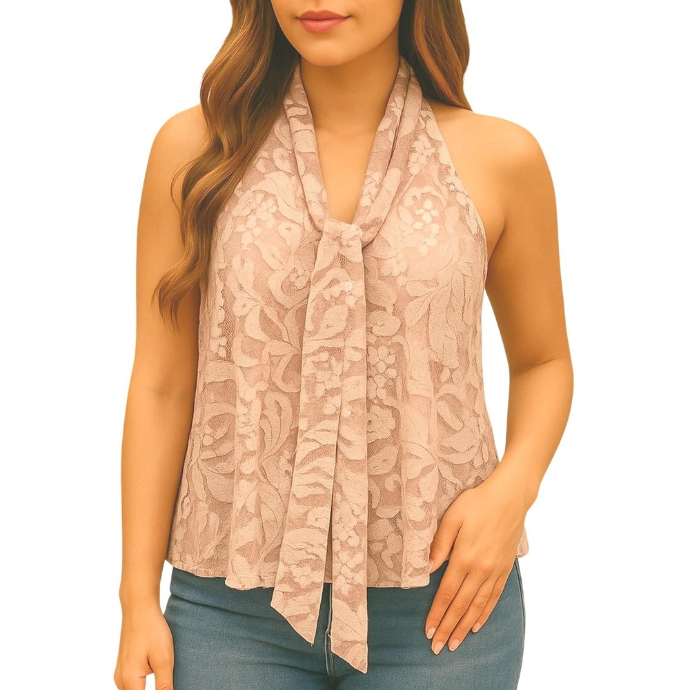 Pink Lace Halter Top Scarf Neck Sleeveless Sz Large Soft Girl Dainty Romantic